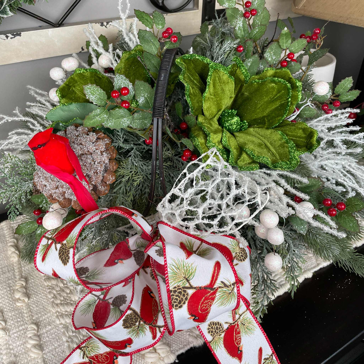 Christmas Cardinal Basket with Green Magnolias and Winter Berries