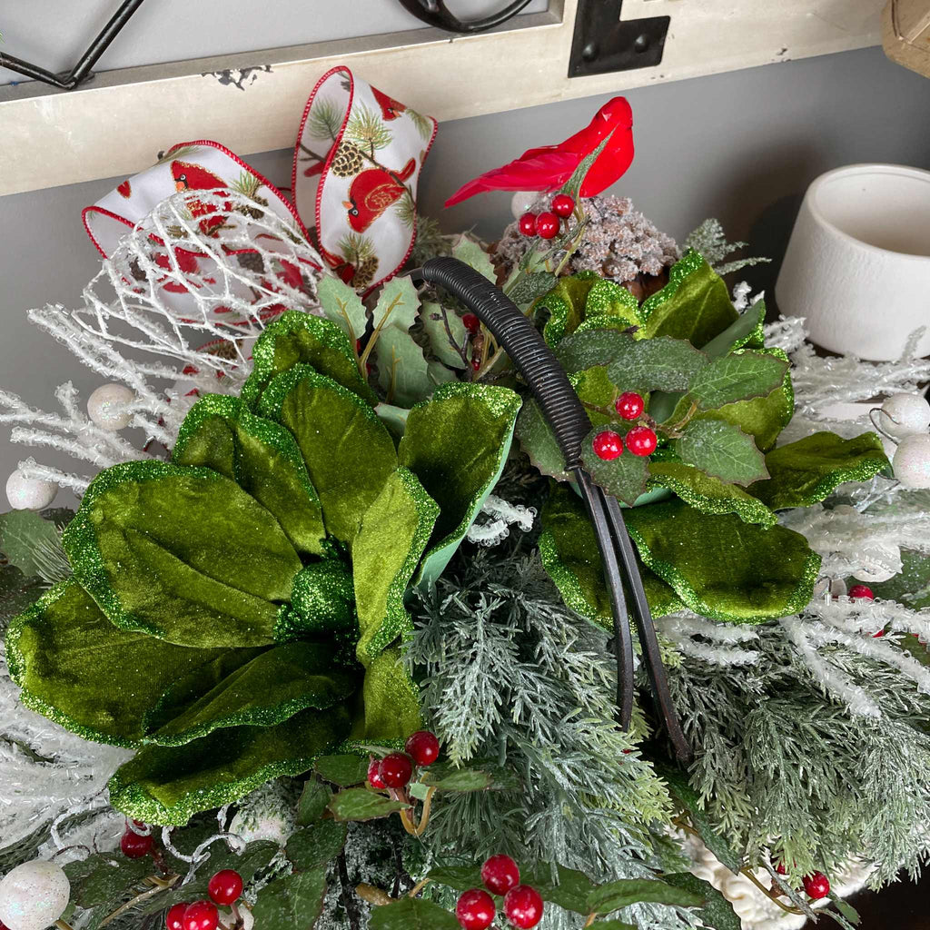 Christmas Cardinal Basket with Green Magnolias and Winter Berries