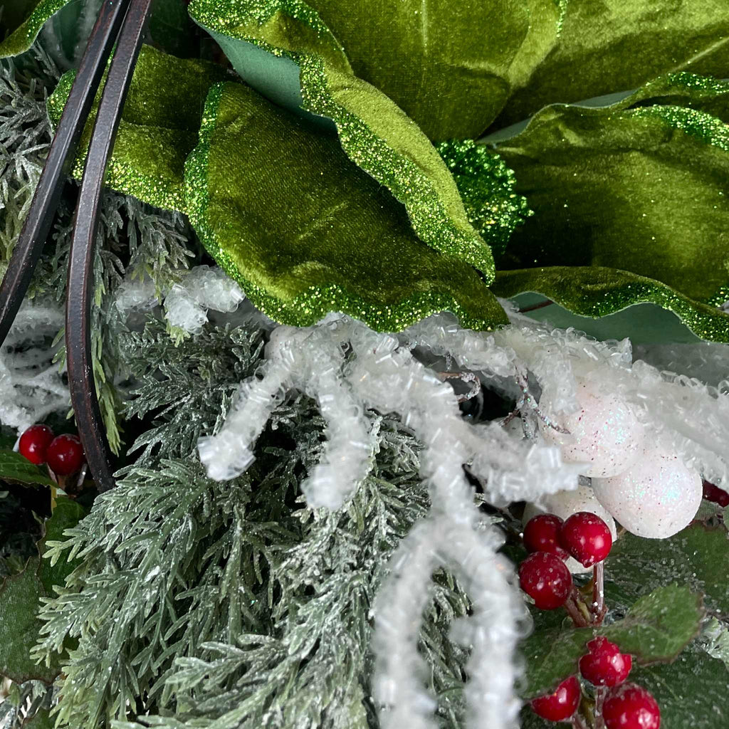 Christmas Cardinal Basket with Green Magnolias and Winter Berries