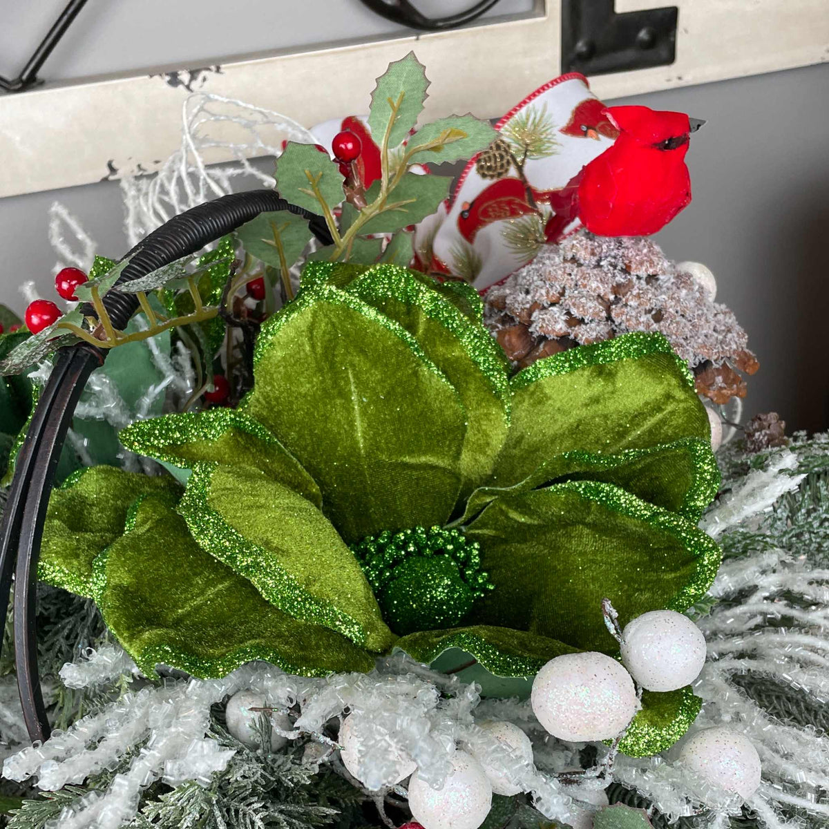 Christmas Cardinal Basket with Green Magnolias and Winter Berries