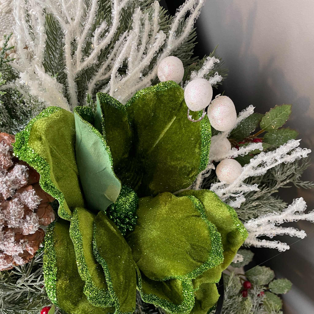 Christmas Cardinal Basket with Green Magnolias and Winter Berries