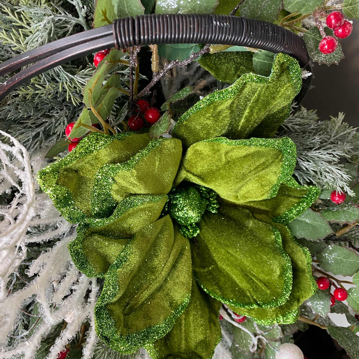 Christmas Cardinal Basket with Green Magnolias and Winter Berries