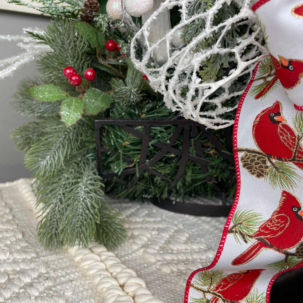 Christmas Cardinal Basket with Green Magnolias and Winter Berries