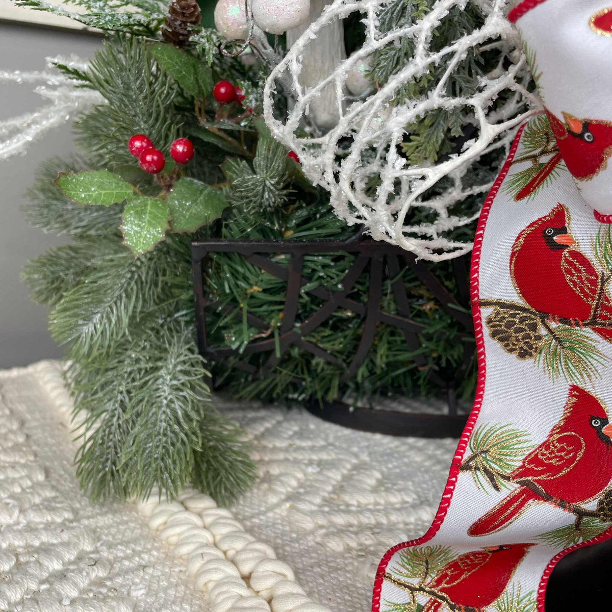 Christmas Cardinal Basket with Green Magnolias and Winter Berries