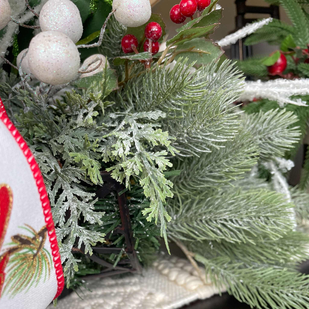 Christmas Cardinal Basket with Green Magnolias and Winter Berries