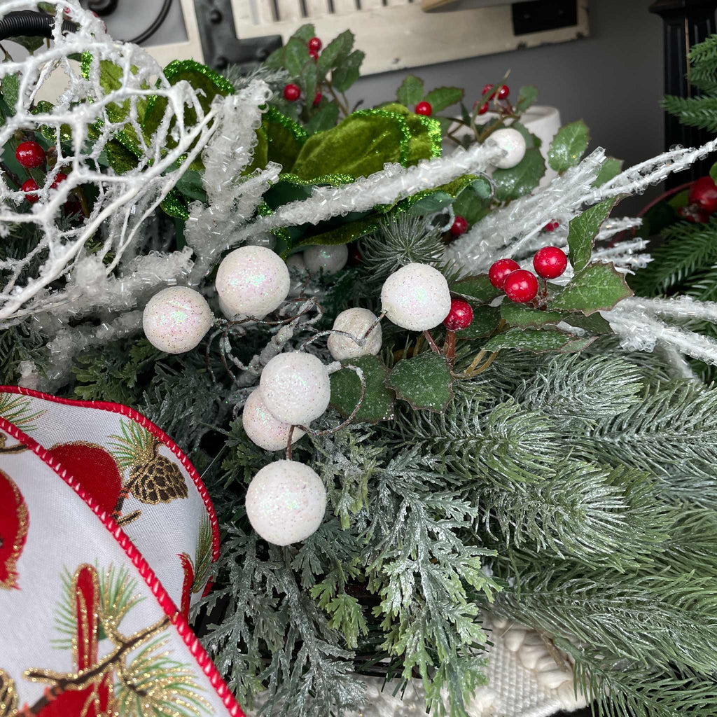Christmas Cardinal Basket with Green Magnolias and Winter Berries