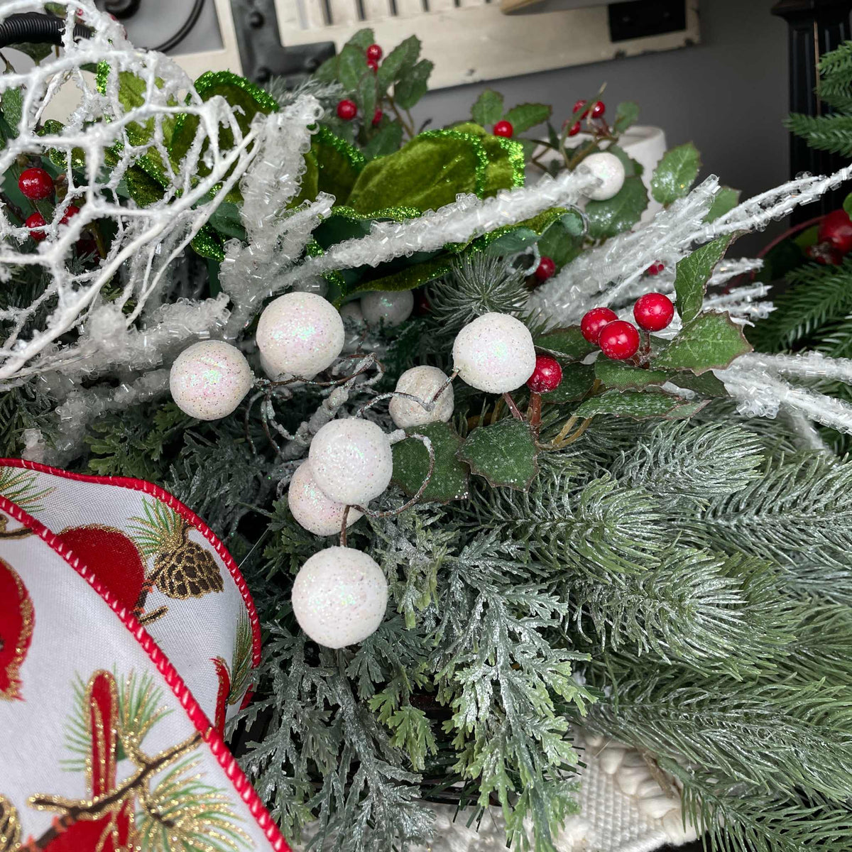 Christmas Cardinal Basket with Green Magnolias and Winter Berries