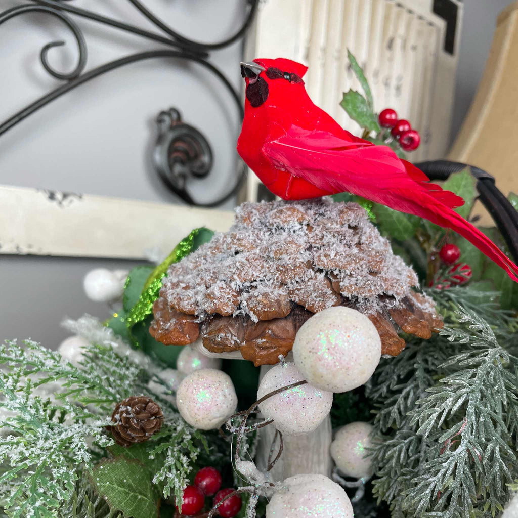 Christmas Cardinal Basket with Green Magnolias and Winter Berries