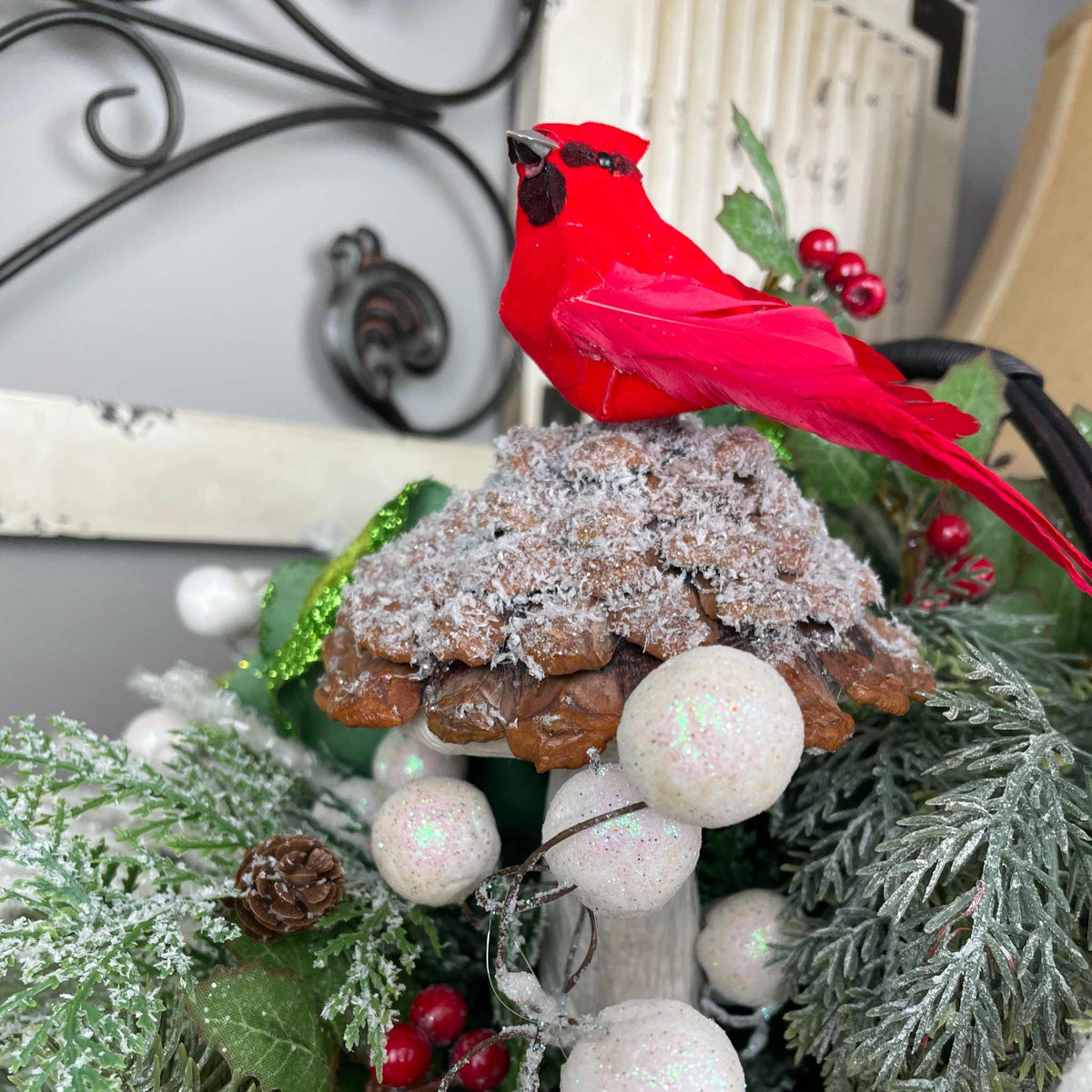 Christmas Cardinal Basket with Green Magnolias and Winter Berries