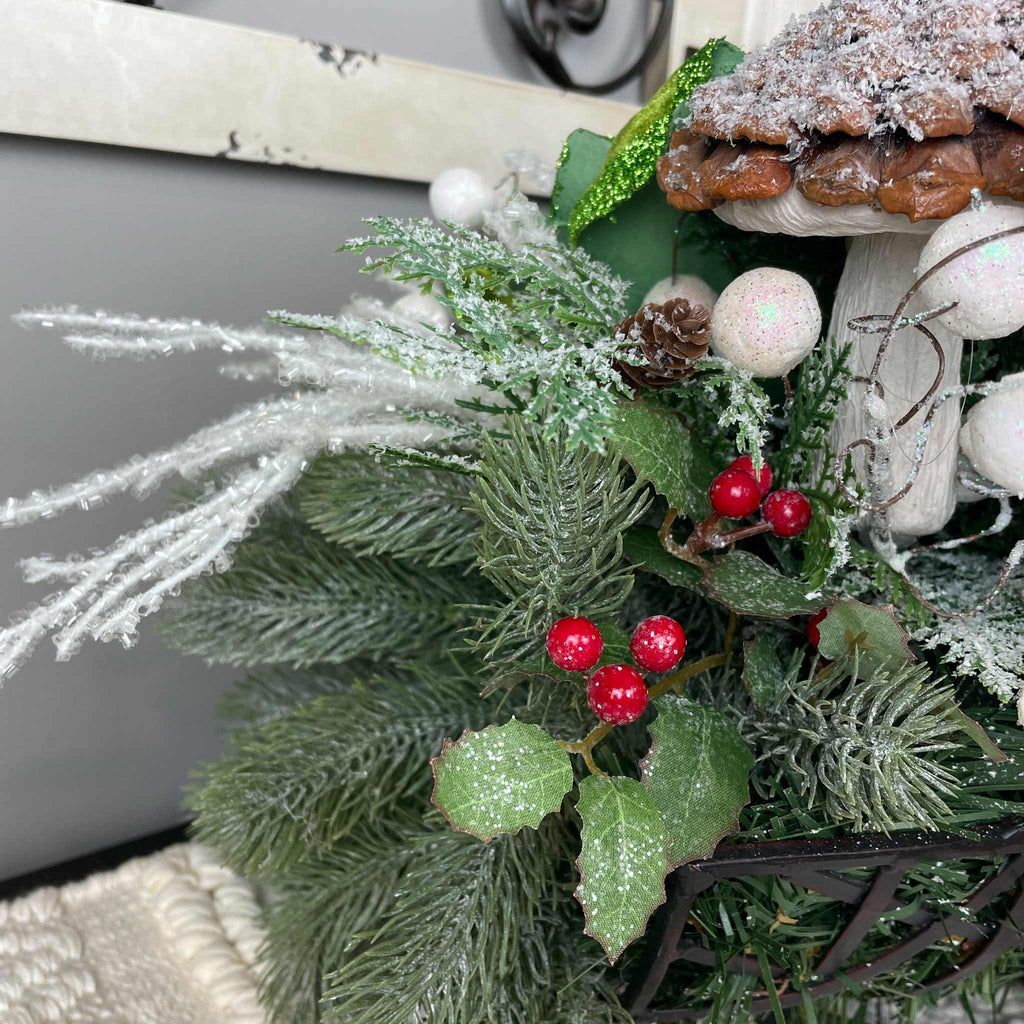 Christmas Cardinal Basket with Green Magnolias and Winter Berries