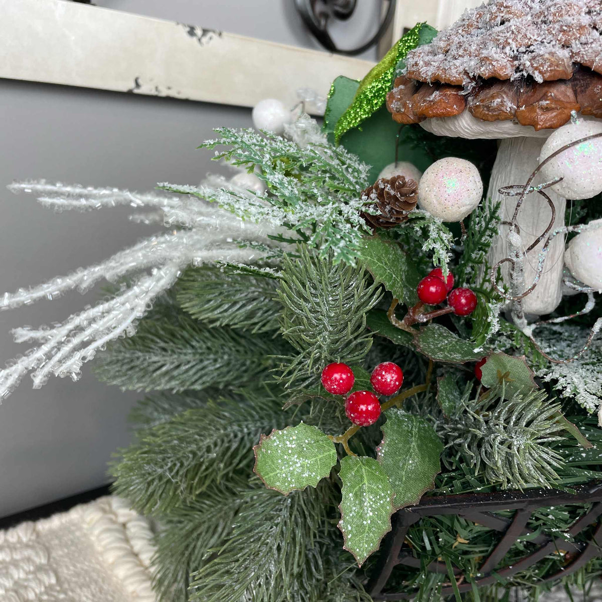Christmas Cardinal Basket with Green Magnolias and Winter Berries