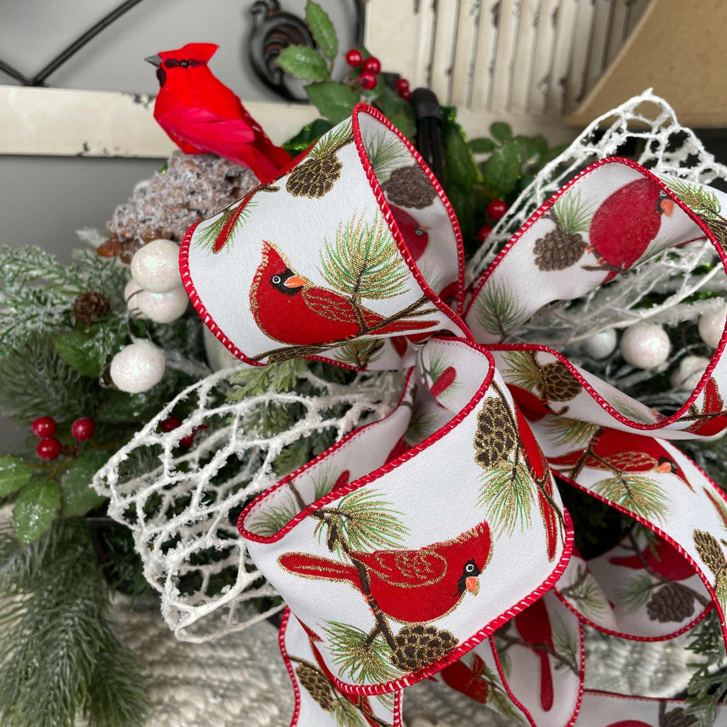 Christmas Cardinal Basket with Green Magnolias and Winter Berries