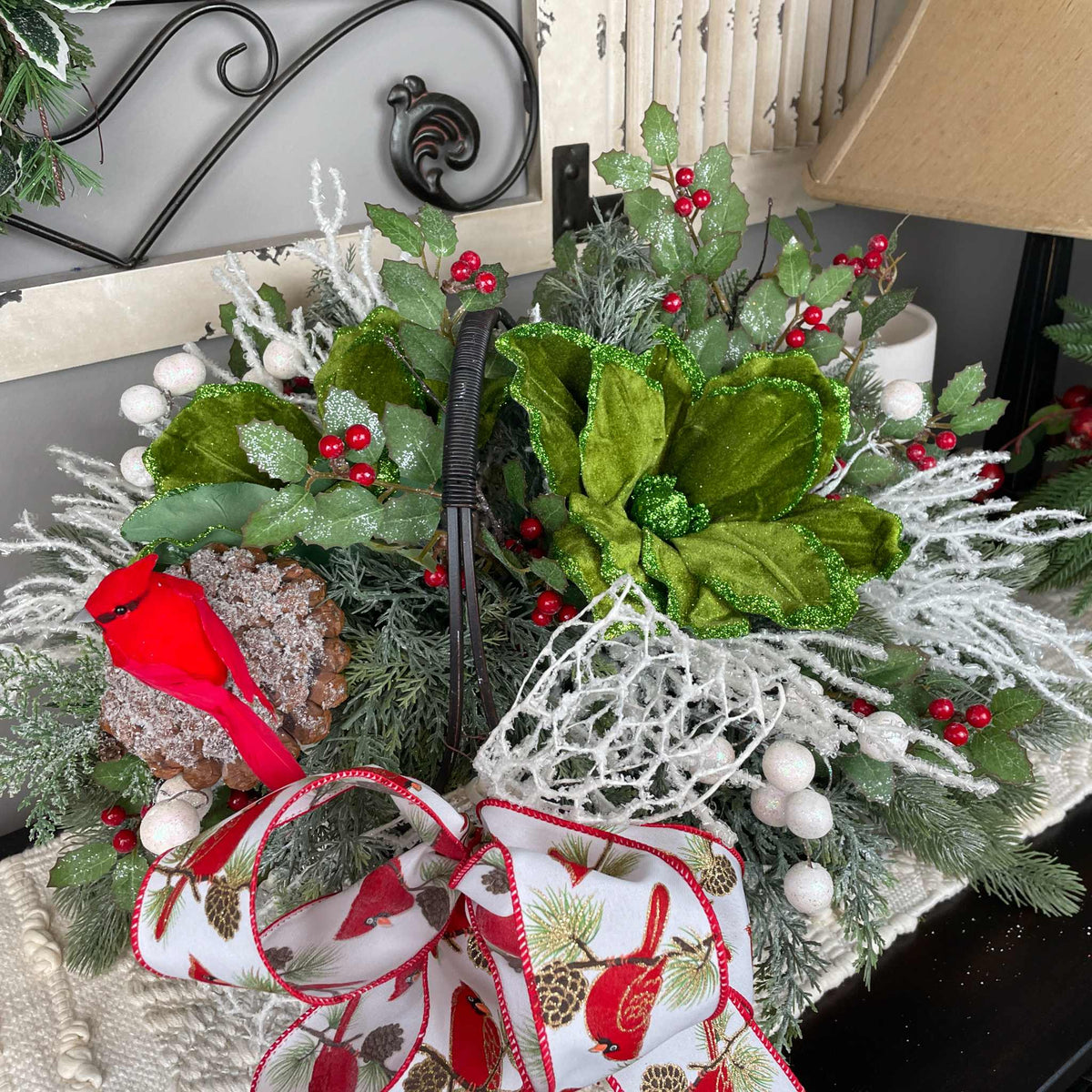 Christmas Cardinal Basket with Green Magnolias and Winter Berries