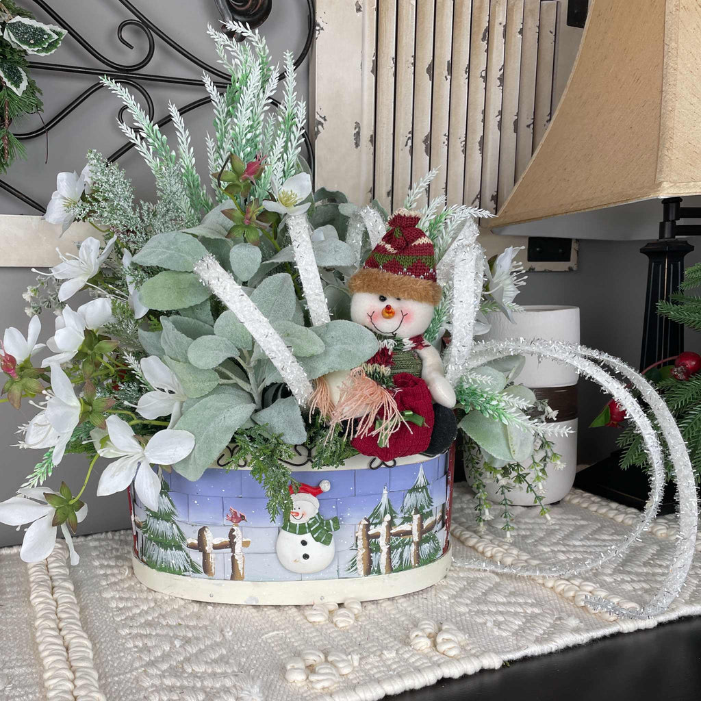 Christmas Snowman Basket Arrangement with White Flowers Plush Snowman