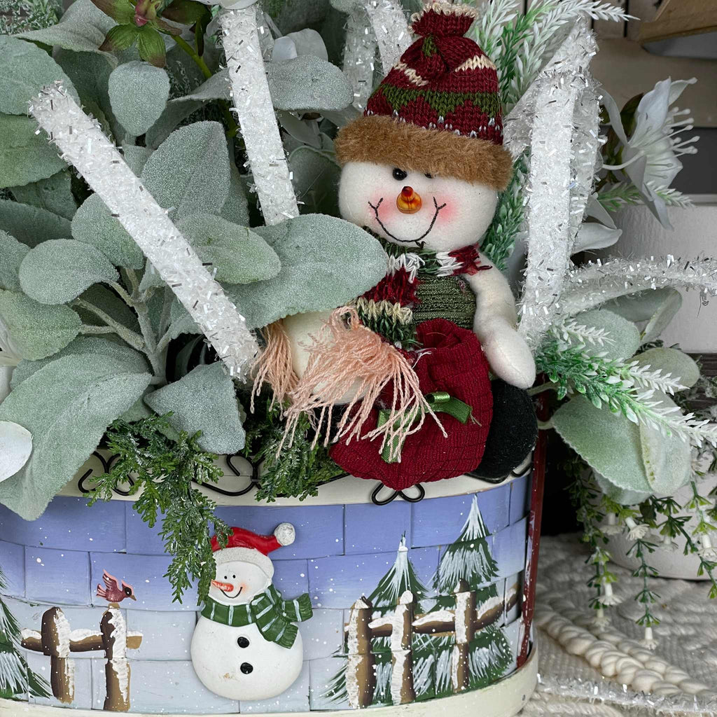 Christmas Snowman Basket Arrangement with White Flowers Plush Snowman