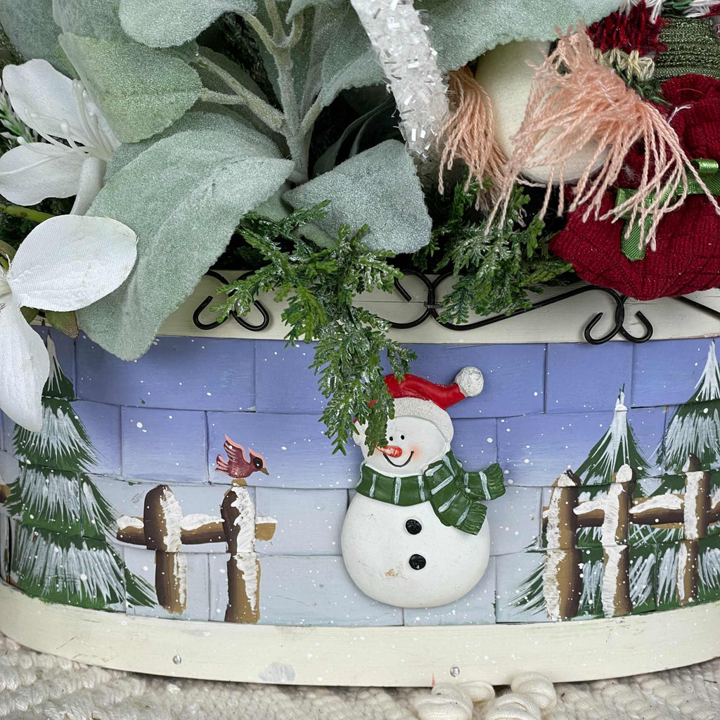 Christmas Snowman Basket Arrangement with White Flowers Plush Snowman