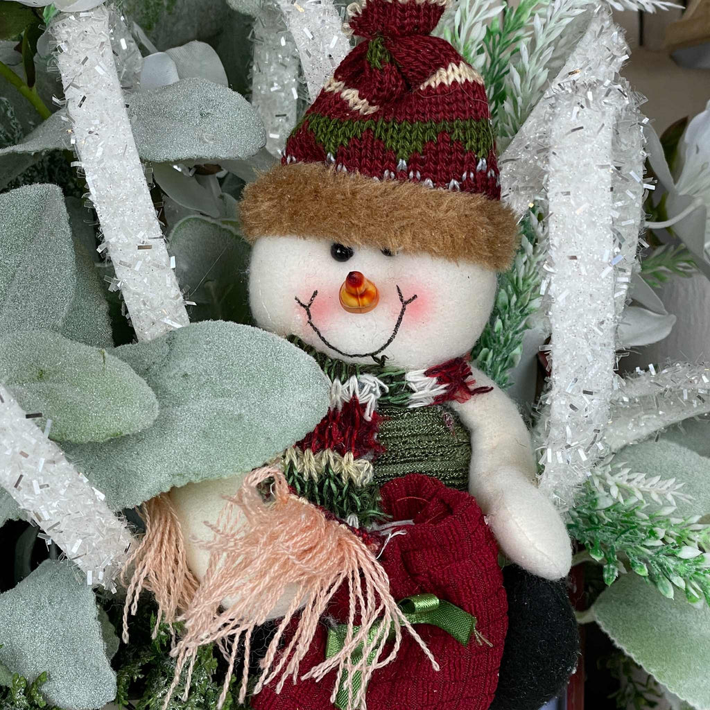 Christmas Snowman Basket Arrangement with White Flowers Plush Snowman