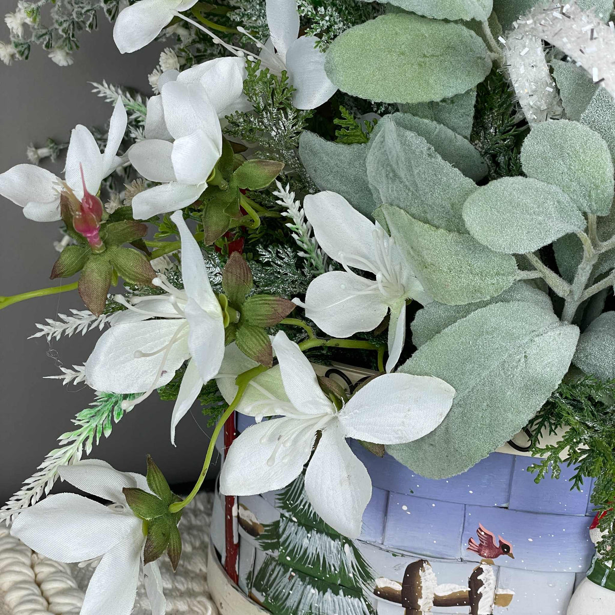 Christmas Snowman Basket Arrangement with White Flowers Plush Snowman