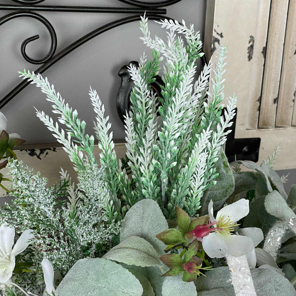 Christmas Snowman Basket Arrangement with White Flowers Plush Snowman