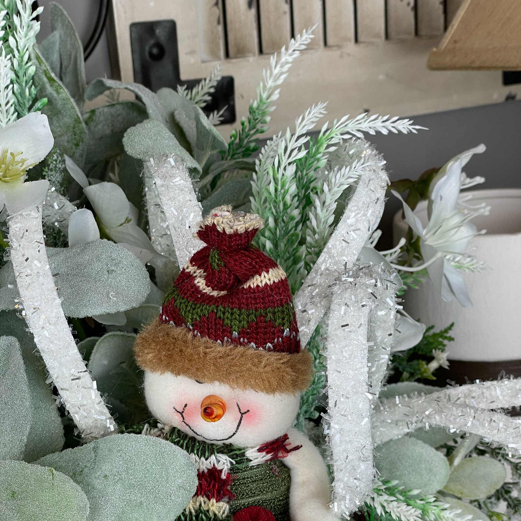 Christmas Snowman Basket Arrangement with White Flowers Plush Snowman