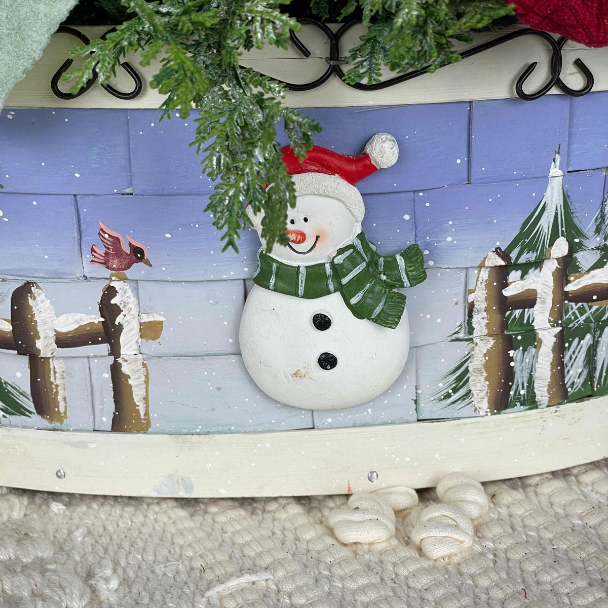 Christmas Snowman Basket Arrangement with White Flowers Plush Snowman