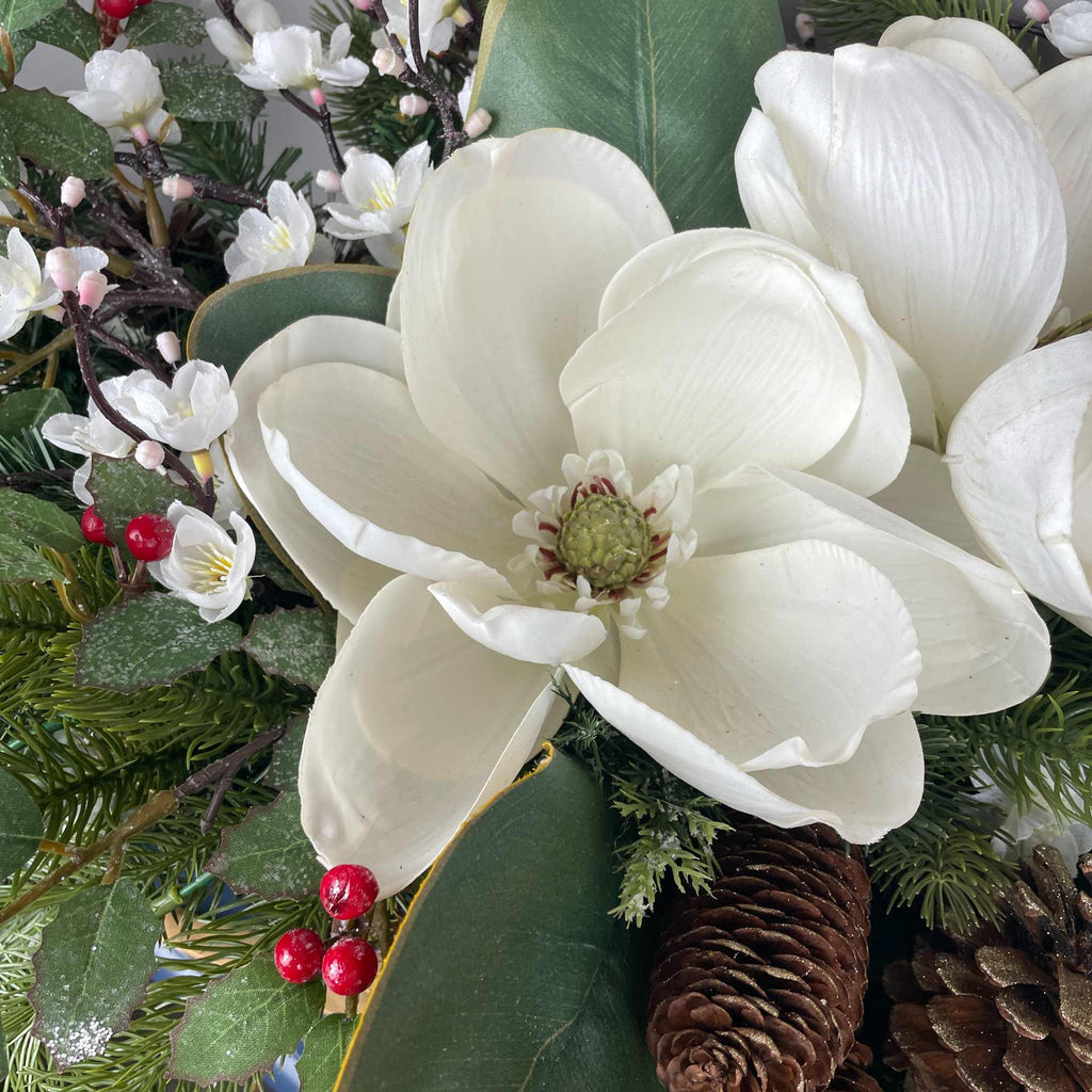 Christmas Metal Sleigh Centerpiece with Cream Magnolias & Holly
