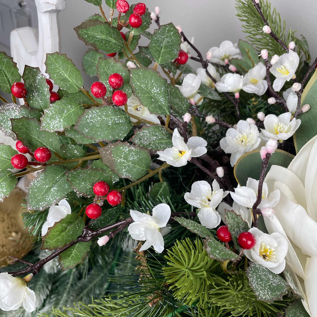 Christmas Metal Sleigh Centerpiece with Cream Magnolias & Holly