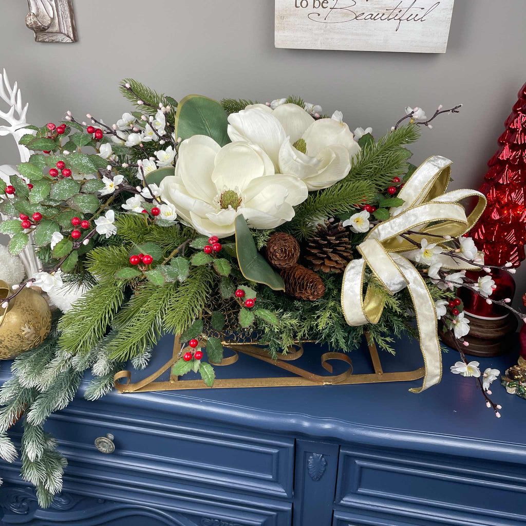 Christmas Metal Sleigh Centerpiece with Cream Magnolias & Holly
