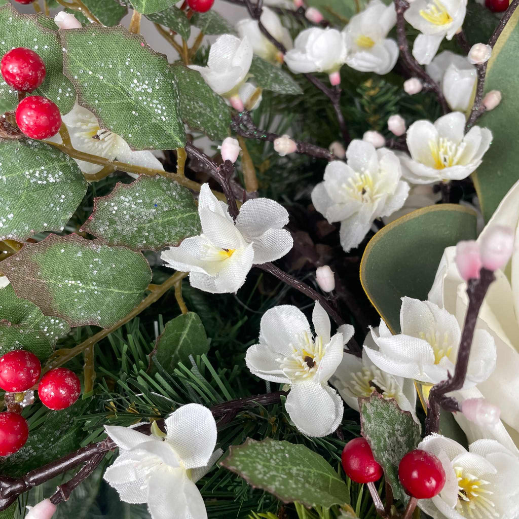 Christmas Metal Sleigh Centerpiece with Cream Magnolias & Holly