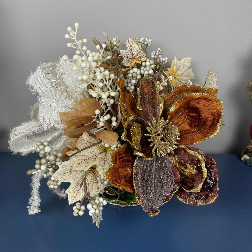 Bronze Magnolia Christmas Arrangement in Gold Metal Basket with Handle