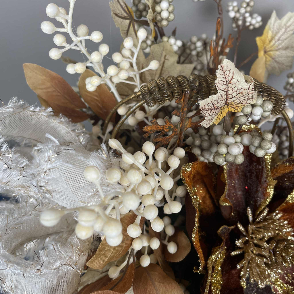 Bronze Magnolia Christmas Arrangement in Gold Metal Basket with Handle