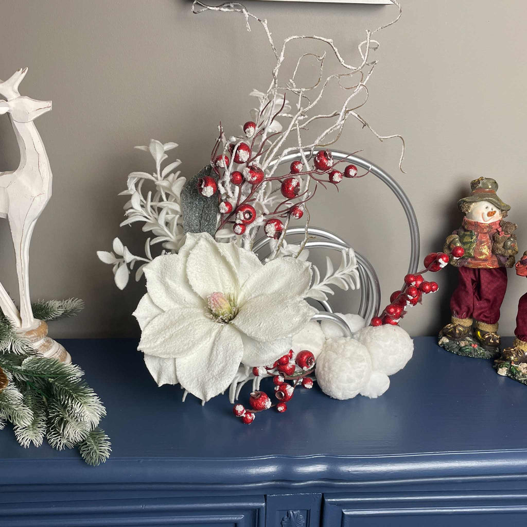 Christmas Centerpiece with Snowy Magnolia Red Berries Silver Rings