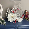 Christmas Centerpiece with Snowy Magnolia Red Berries Silver Rings