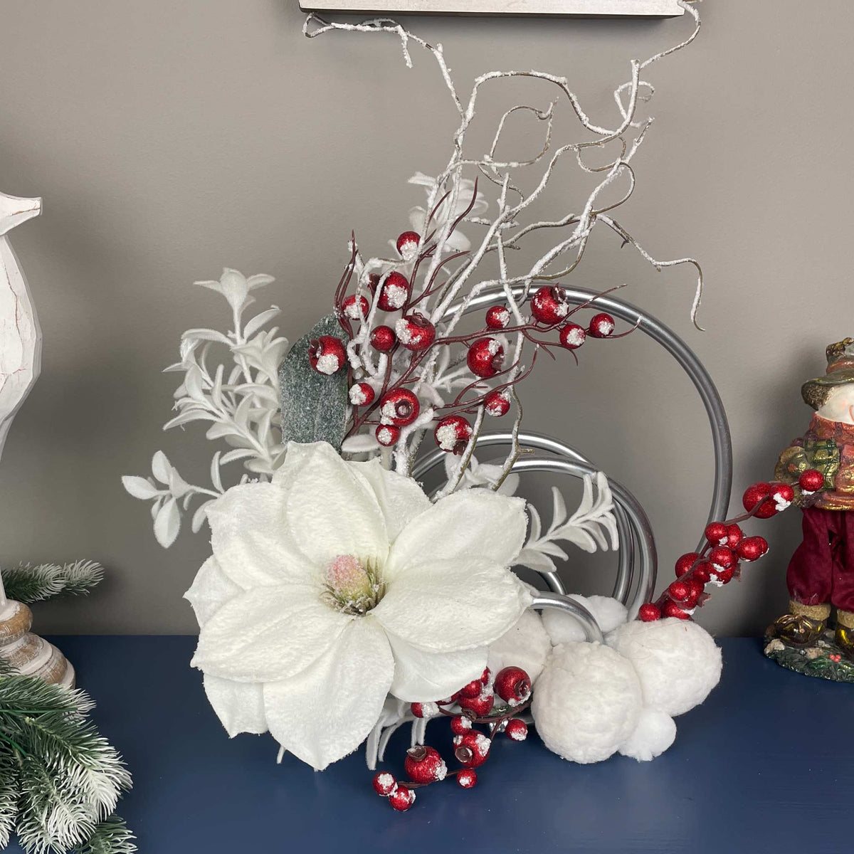 Christmas Centerpiece with Snowy Magnolia Red Berries Silver Rings