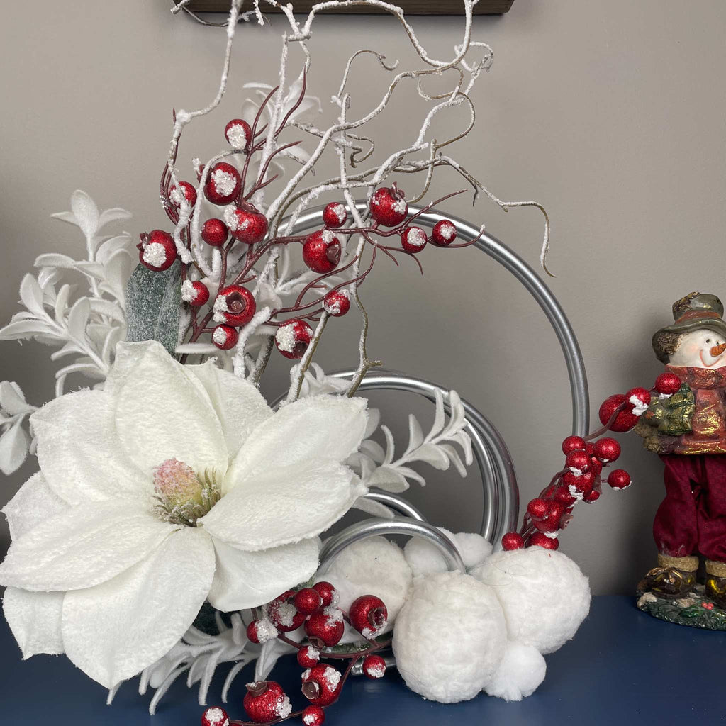 Christmas Centerpiece with Snowy Magnolia Red Berries Silver Rings