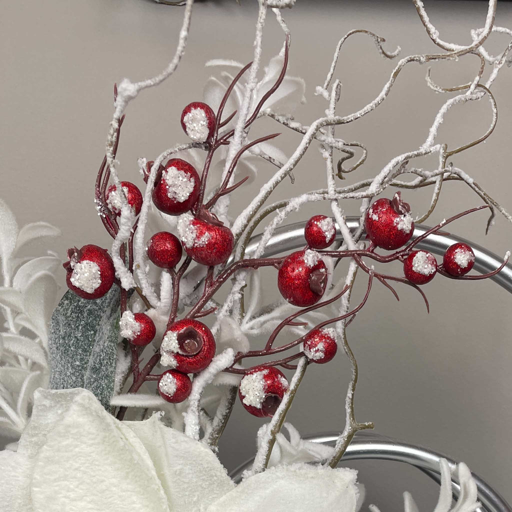 Christmas Centerpiece with Snowy Magnolia Red Berries Silver Rings