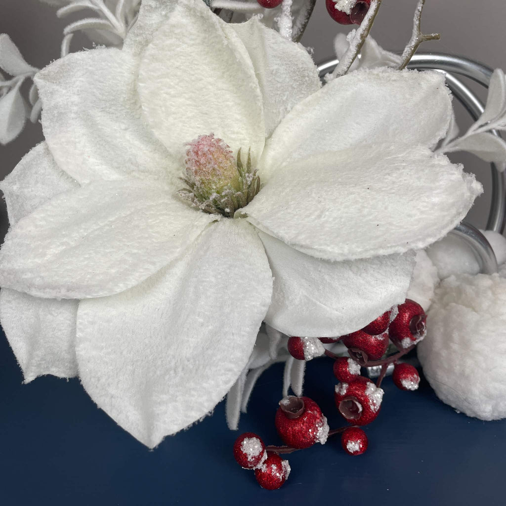 Christmas Centerpiece with Snowy Magnolia Red Berries Silver Rings