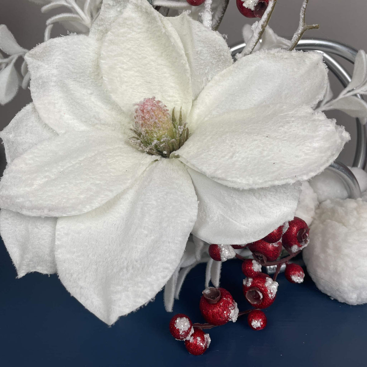 Christmas Centerpiece with Snowy Magnolia Red Berries Silver Rings