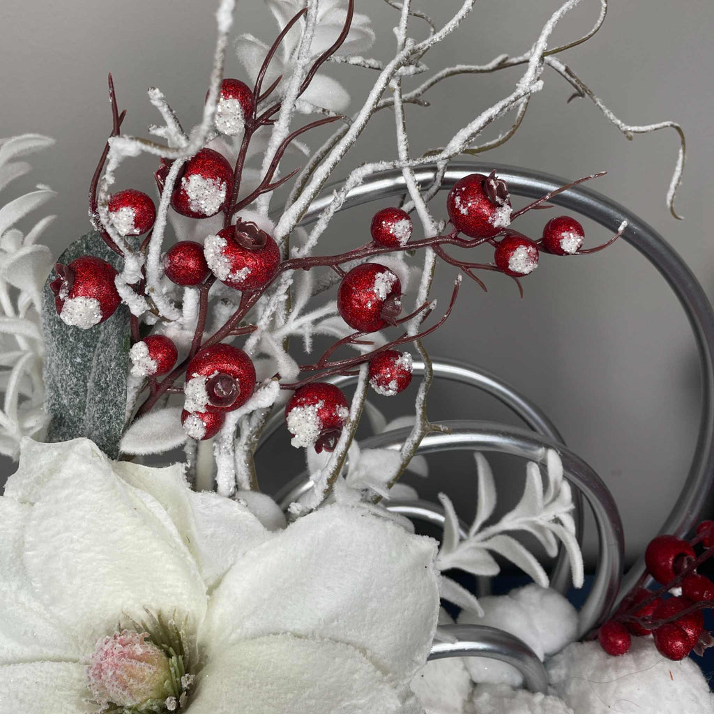 Christmas Centerpiece with Snowy Magnolia Red Berries Silver Rings