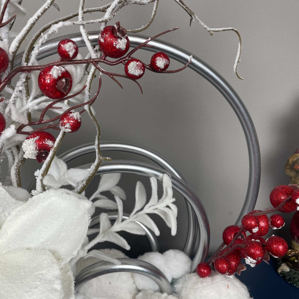 Christmas Centerpiece with Snowy Magnolia Red Berries Silver Rings