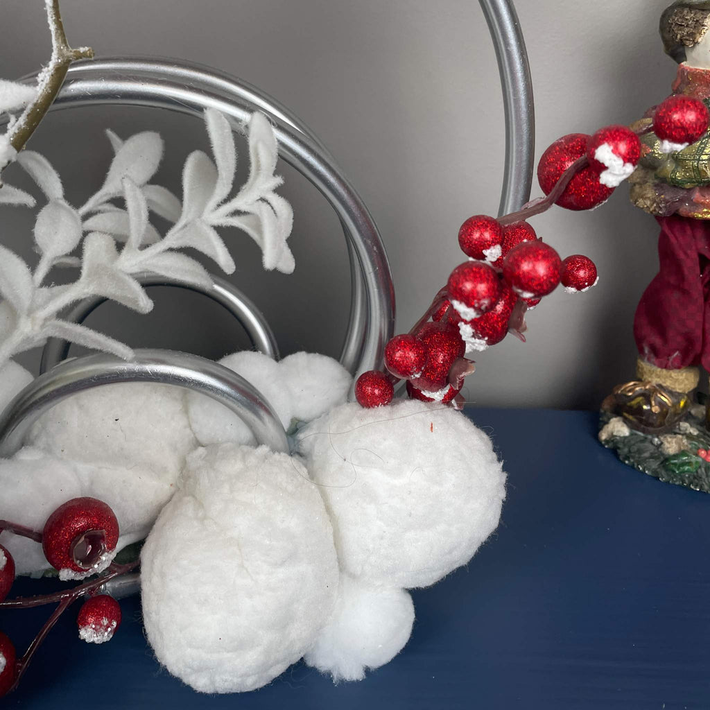 Christmas Centerpiece with Snowy Magnolia Red Berries Silver Rings
