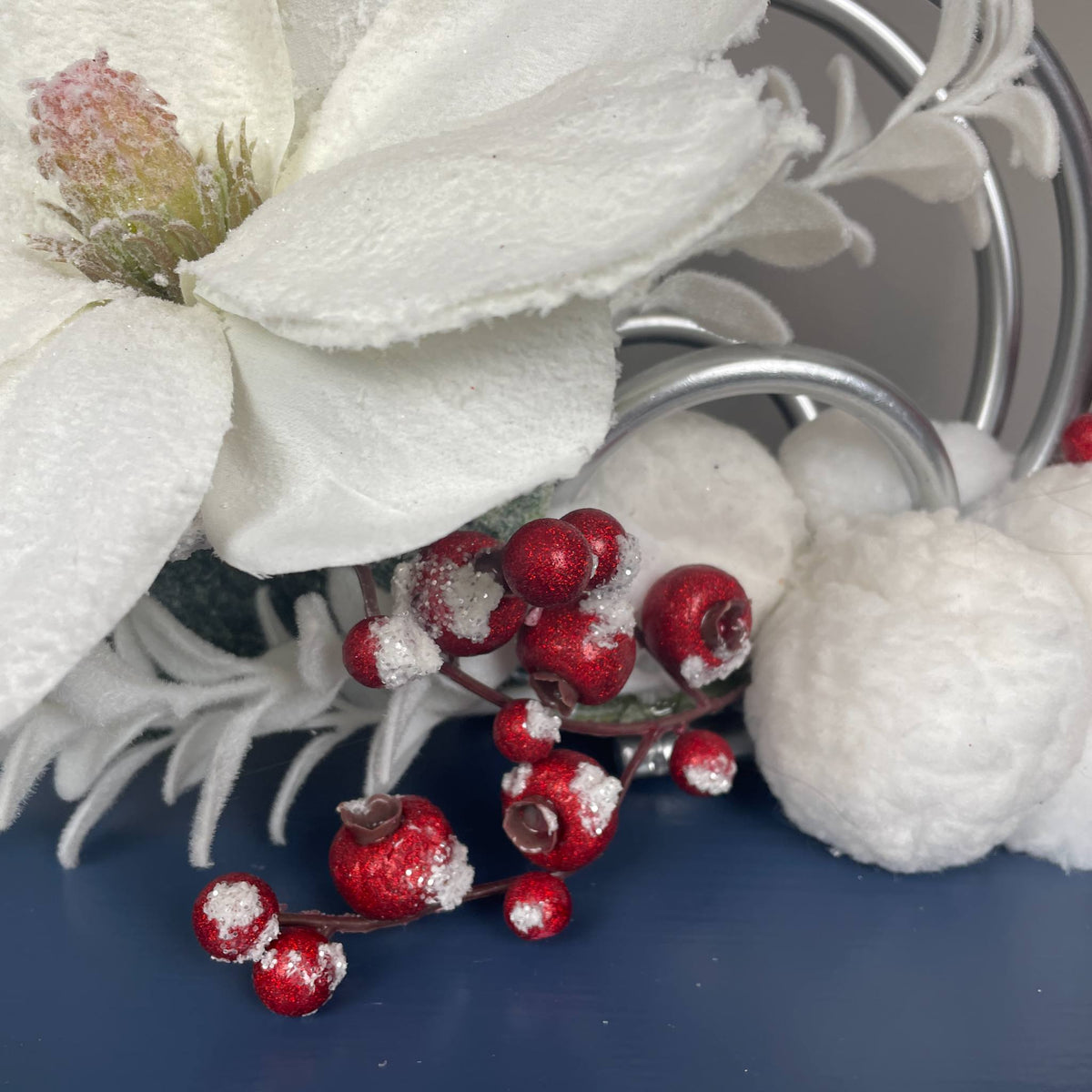 Christmas Centerpiece with Snowy Magnolia Red Berries Silver Rings
