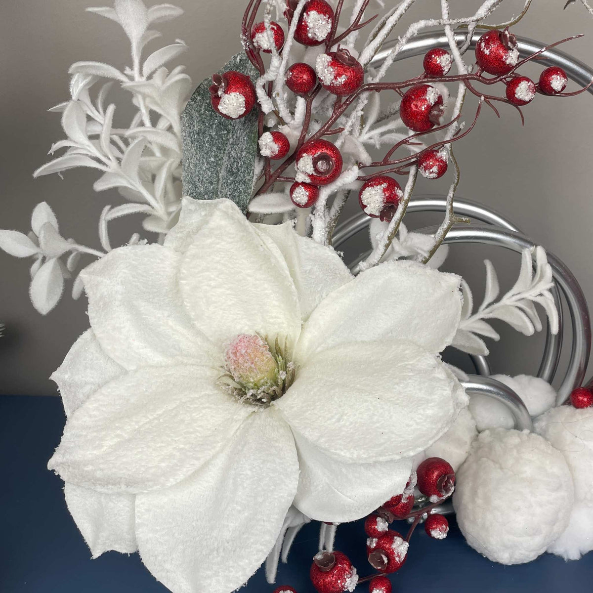 Christmas Centerpiece with Snowy Magnolia Red Berries Silver Rings