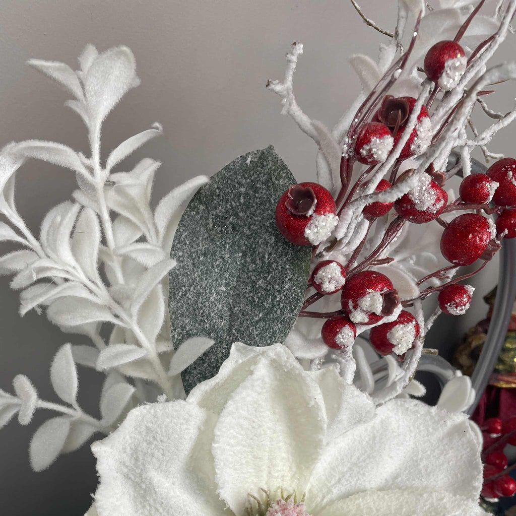 Christmas Centerpiece with Snowy Magnolia Red Berries Silver Rings