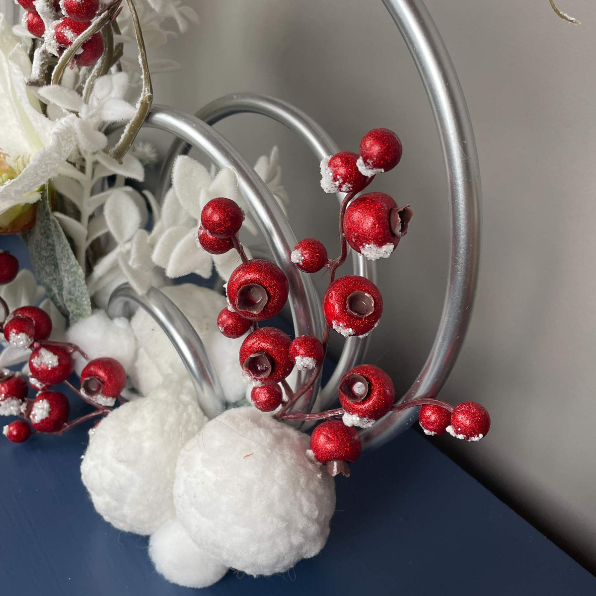 Christmas Centerpiece with Snowy Magnolia Red Berries Silver Rings