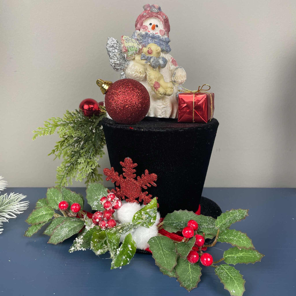 Christmas Top Hat Centerpiece with Snowman, Red Ornaments & Holly