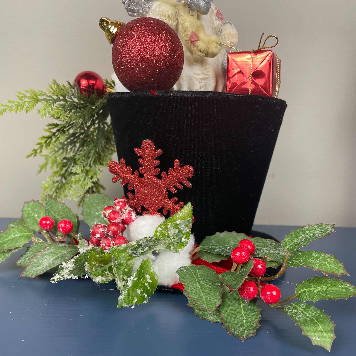 Christmas Top Hat Centerpiece with Snowman, Red Ornaments & Holly