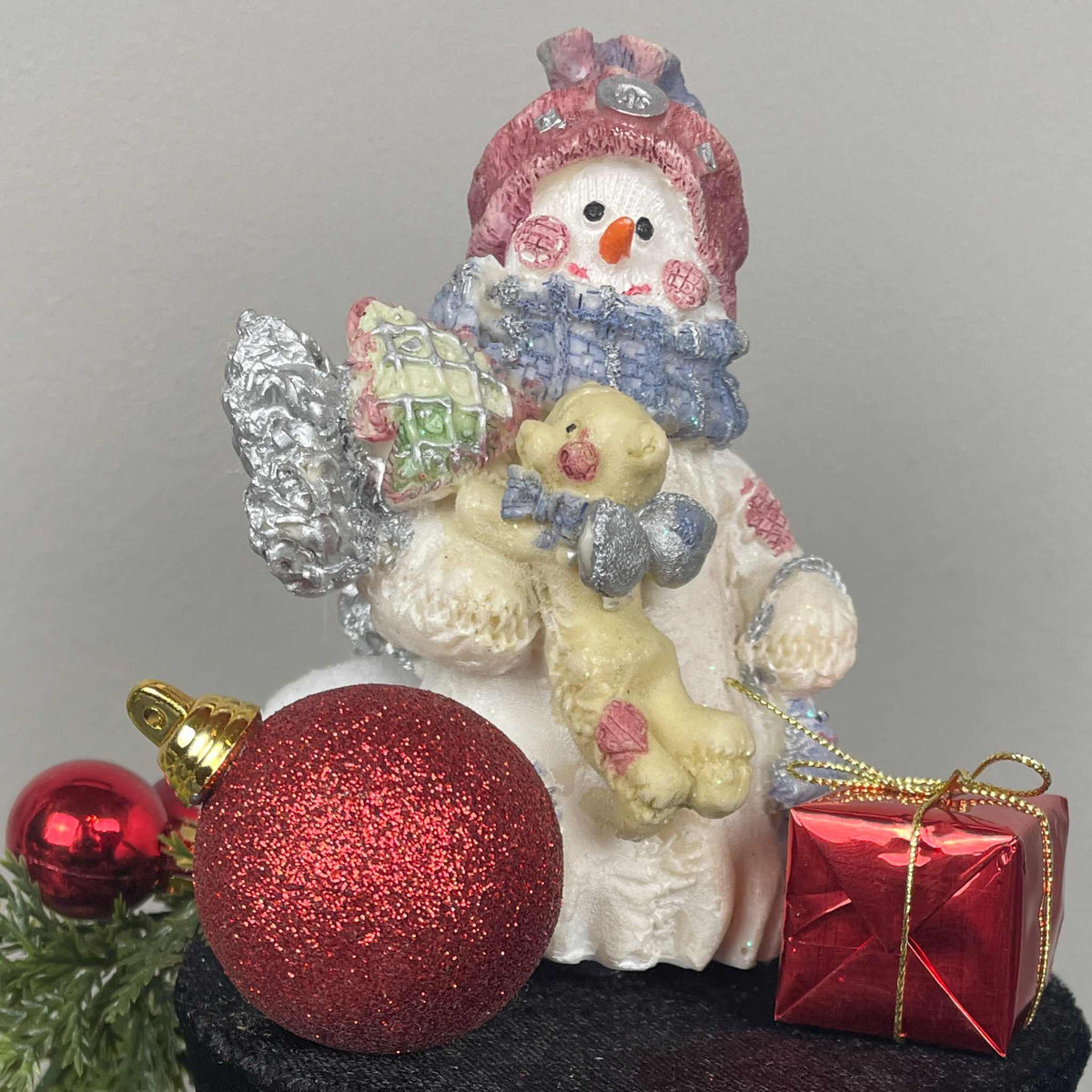 Christmas Top Hat Centerpiece with Snowman, Red Ornaments & Holly