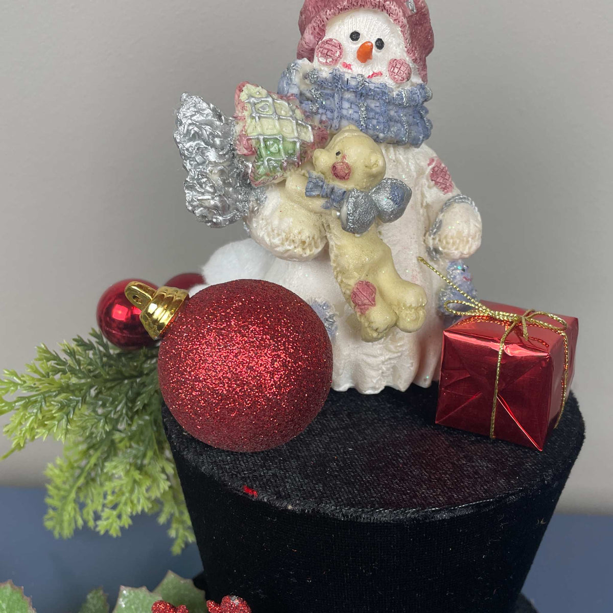 Christmas Top Hat Centerpiece with Snowman, Red Ornaments & Holly