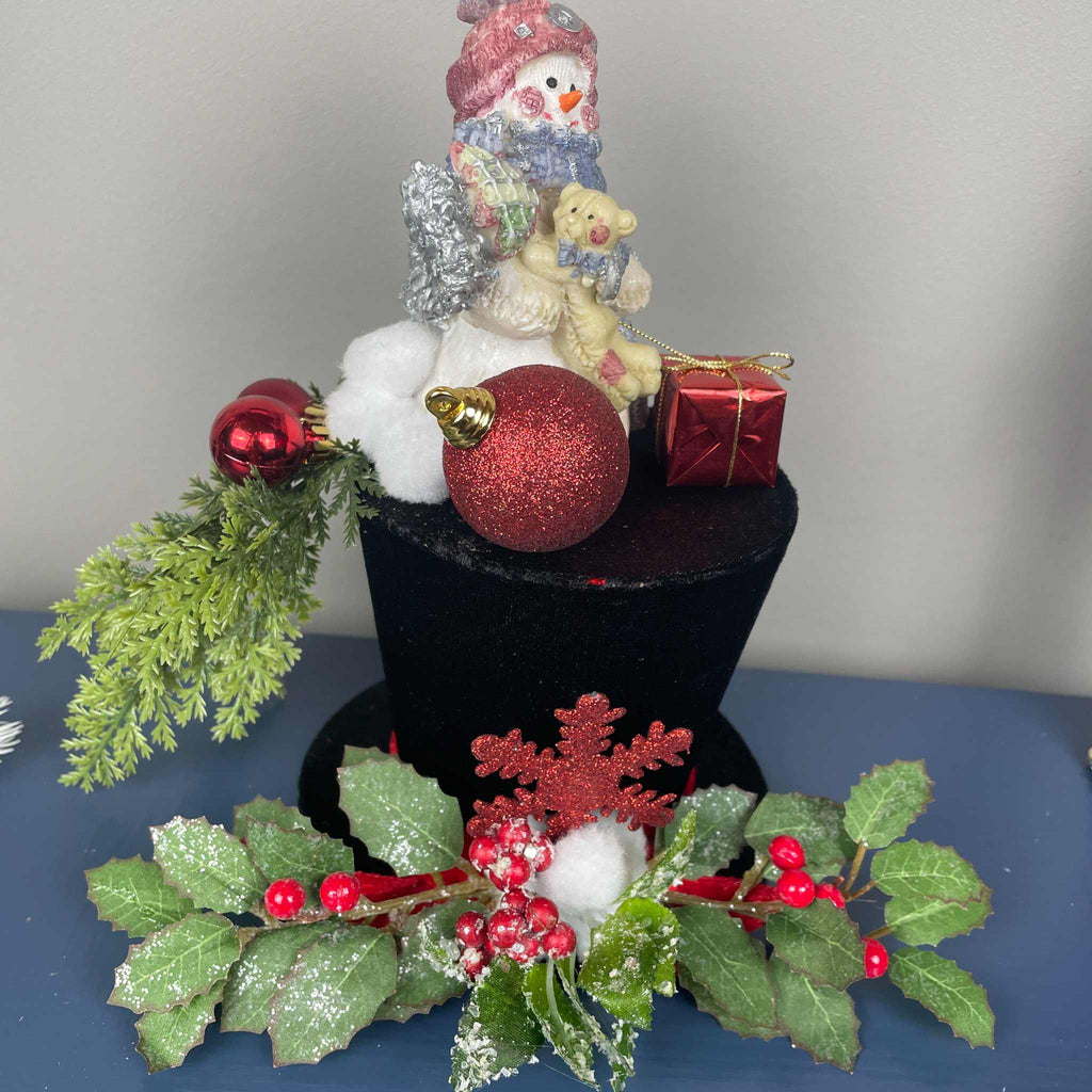 Christmas Top Hat Centerpiece with Snowman, Red Ornaments & Holly